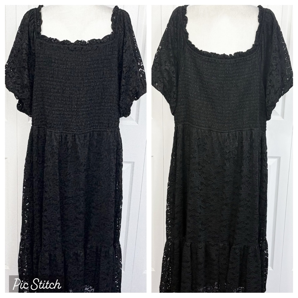 LC Lauren Conrad Black Lace Puffed Sleeve Smocked Tiered Midi Dress 2X